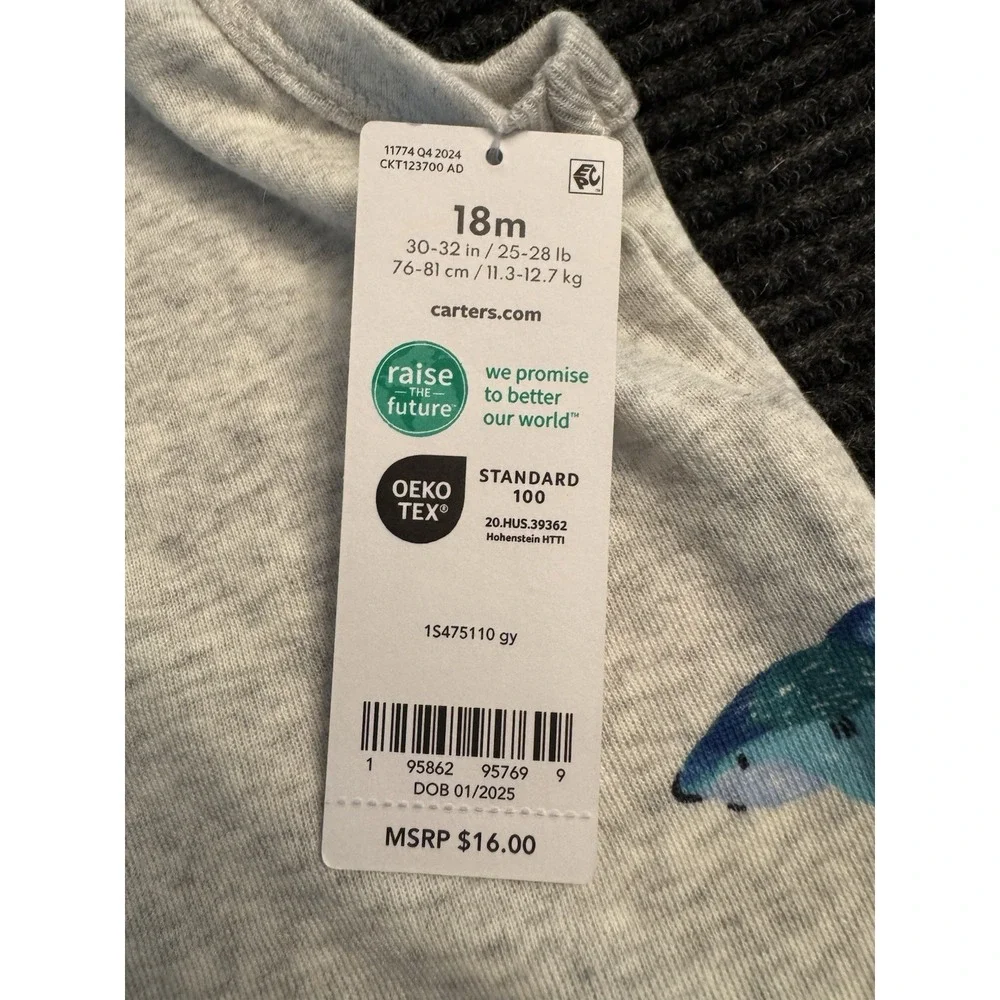 Carter's Baby Boy 18M Romper NWT Grey Shark Fish Sleeveless One Piece